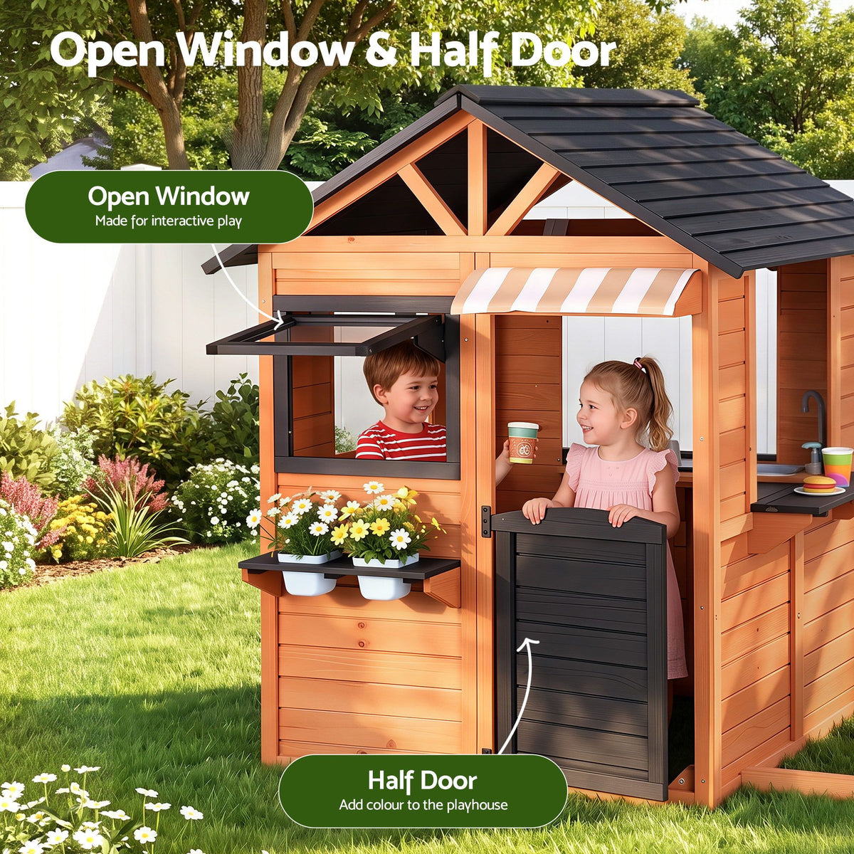 Wooden pretend kitchen playhouse for kids with cubby house design and side bench, ideal for outdoor pretend play and imaginative fun.