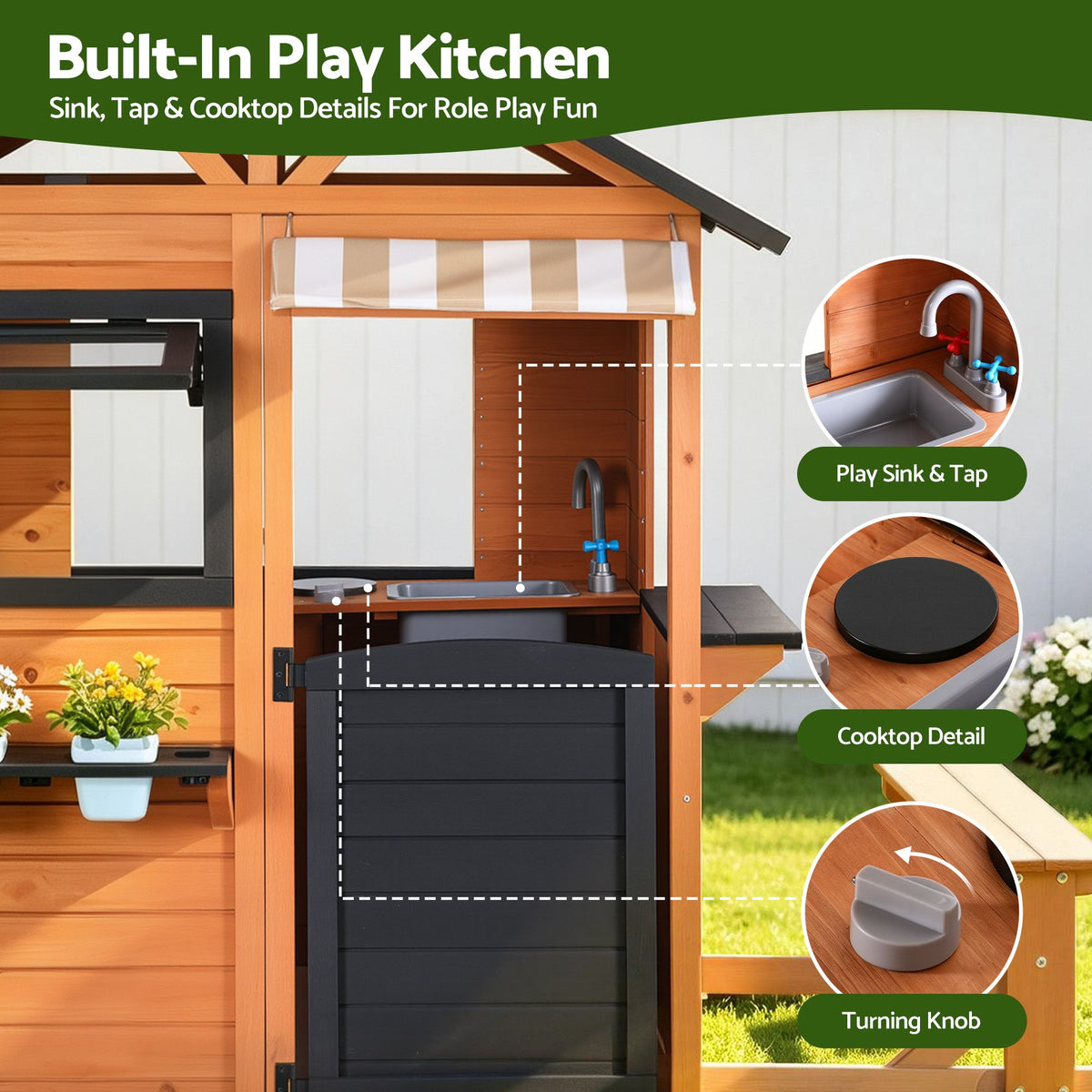 Wooden pretend kitchen and cubby house outdoor playset for kids, featuring a side bench for imaginative play, by Everything Baby.