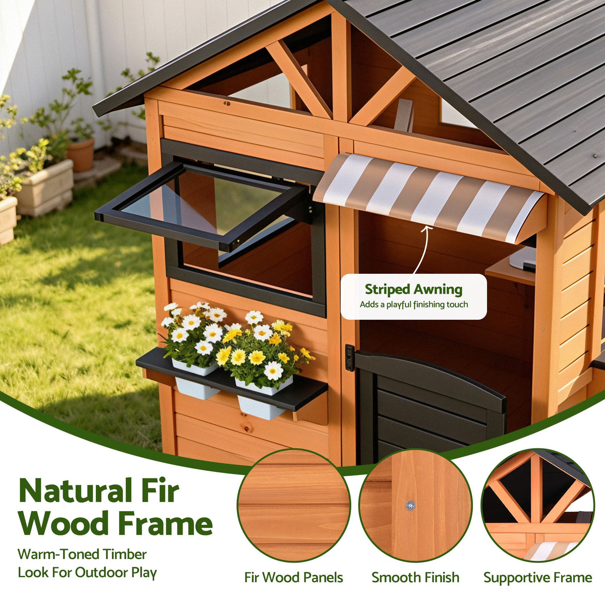 Wooden pretend kitchen cubby house and outdoor playhouse side bench for kids, from Everything Baby, in a colorful outdoor setting.