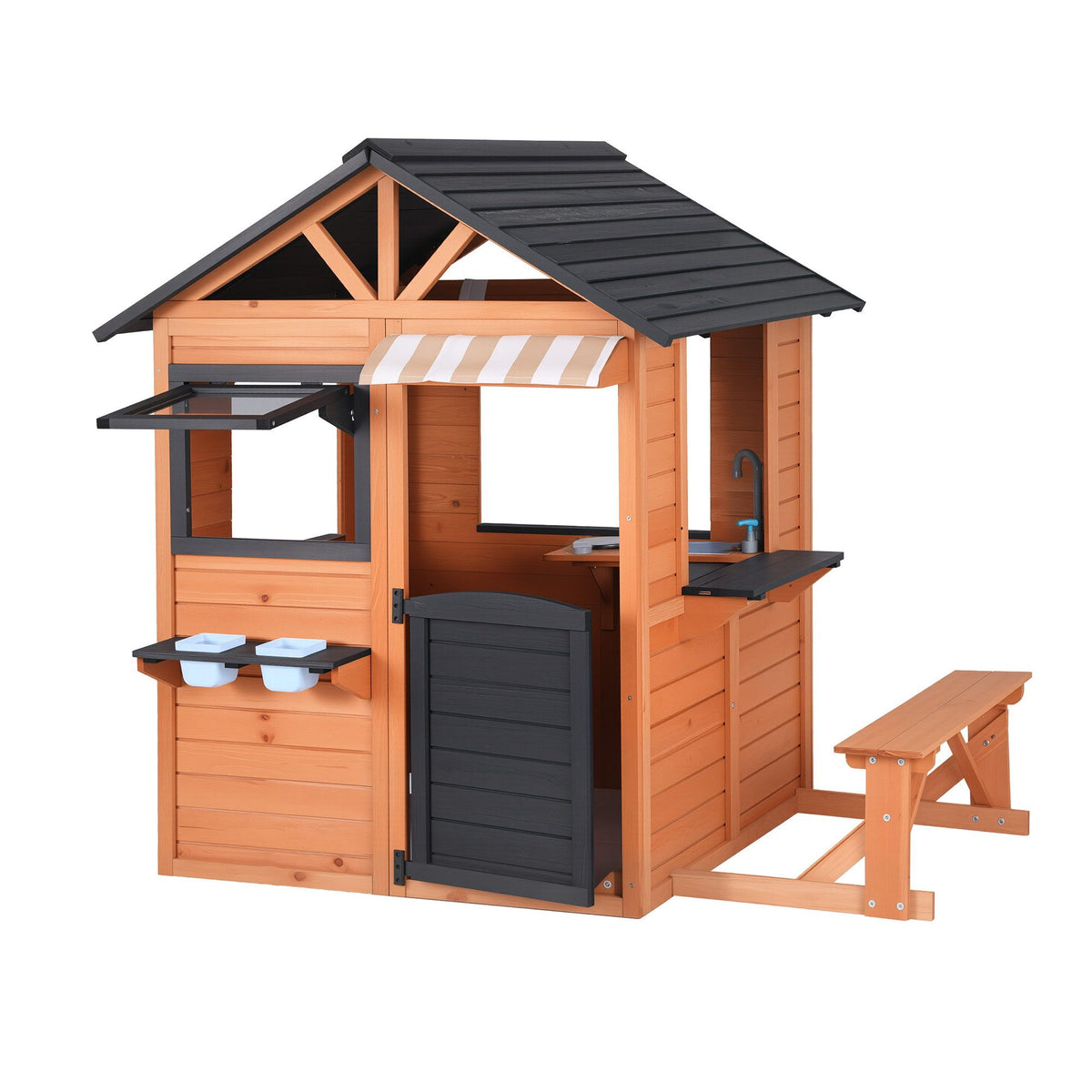 Wooden pretend kitchen cubby house outdoor playhouse with side bench for kids, by Everything Baby, ideal for imaginative pretend play.