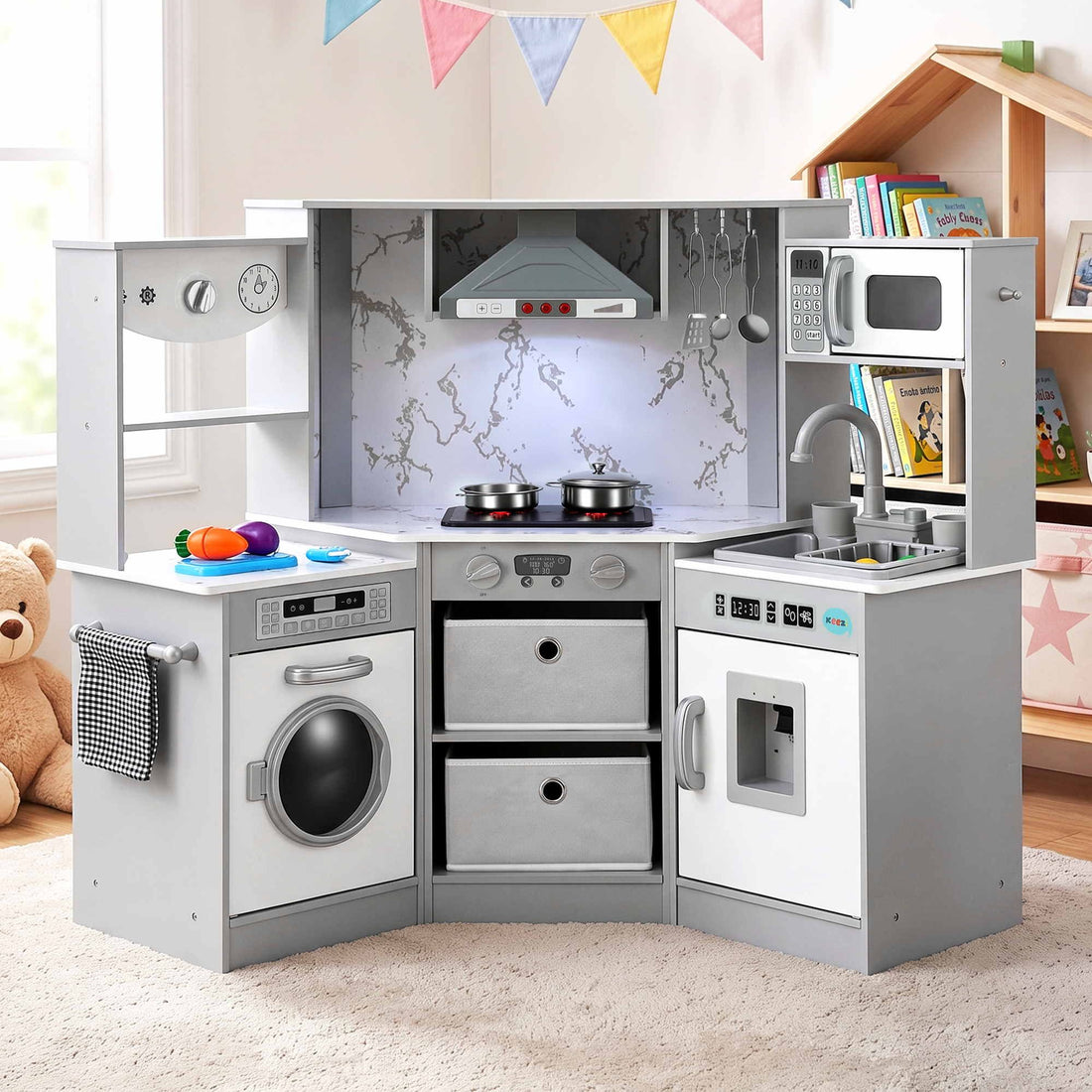 Keezi 112cm wooden pretend kitchen playset with toy sink and stove in grey for kids, ideal for imaginative play.