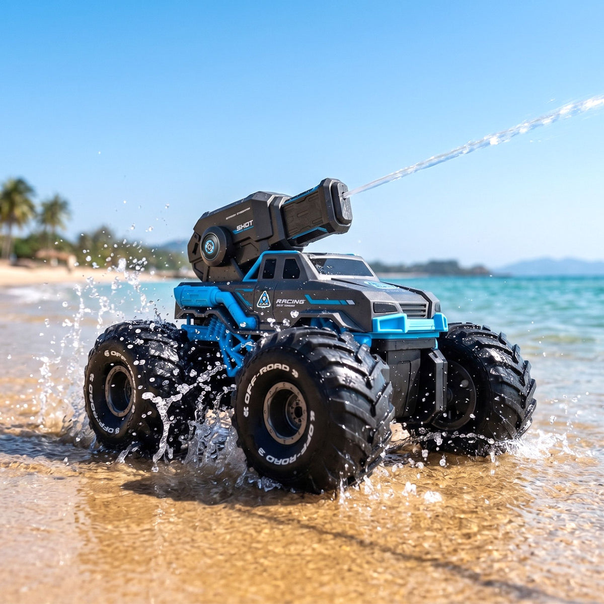 Blue Keezi kids' amphibious remote control car and boat with water spray feature, 2.4GHz remote, suitable for children’s activity play.