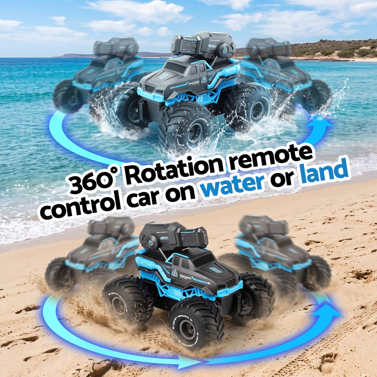 Blue Keezi kids' amphibious remote control car and boat with water spray, 2.4GHz RC toy for children, waterproof fun.
