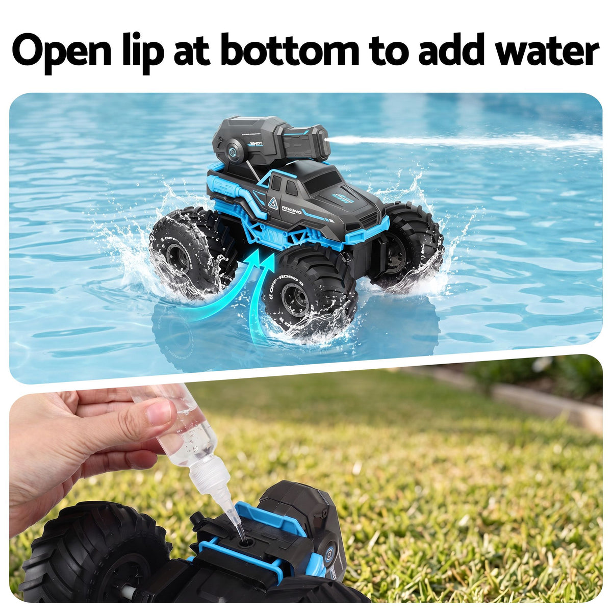 Blue Keezi kids' amphibious remote control car and boat with water spray, 2.4GHz radio control, for children’s activity play.