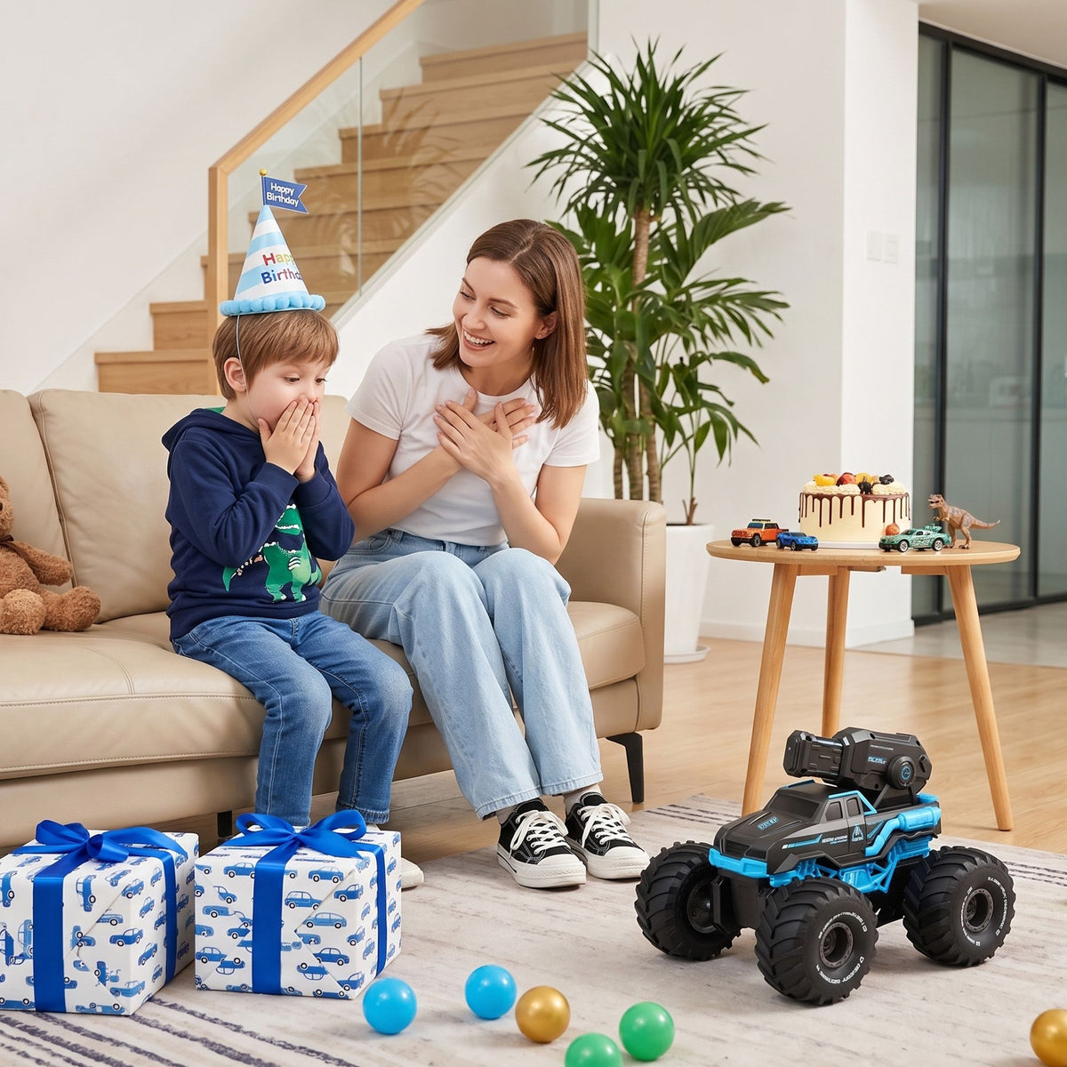 Blue Keezi kids' amphibious remote control car and boat with water spray, designed for children’s activity and play.