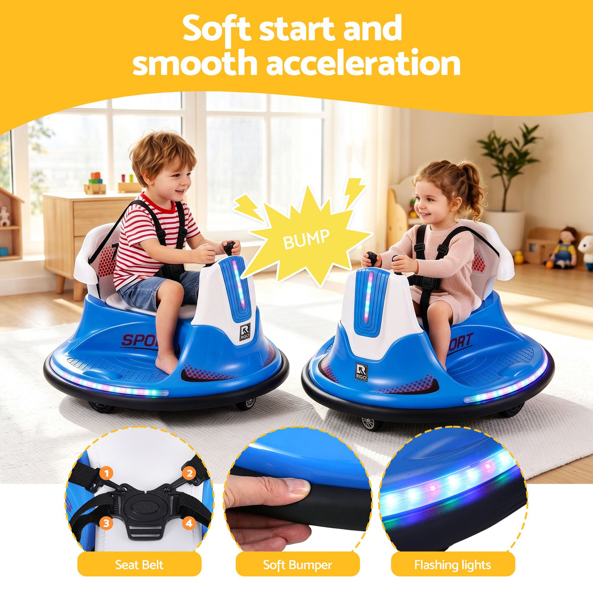 Blue Rigo Ride On Car bumper toy for kids, featuring remote control and 12V battery, designed for toddlers, by Everything Baby.