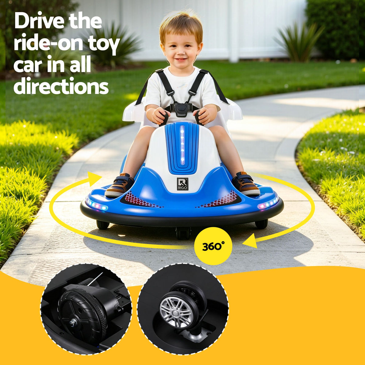 Blue Rigo ride-on bumper car for kids with remote control, 12V battery, suitable for toddlers, by Everything Baby.