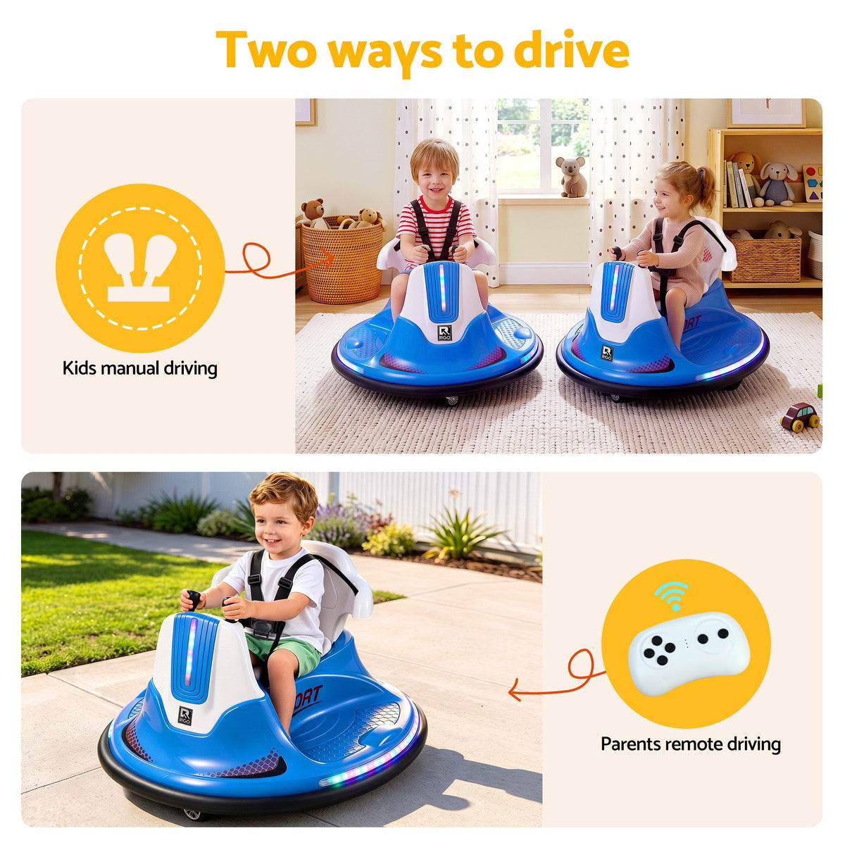 Blue Rigo ride-on car for kids with bumper guard, 12V battery and remote control, designed for toddlers from Everything Baby.