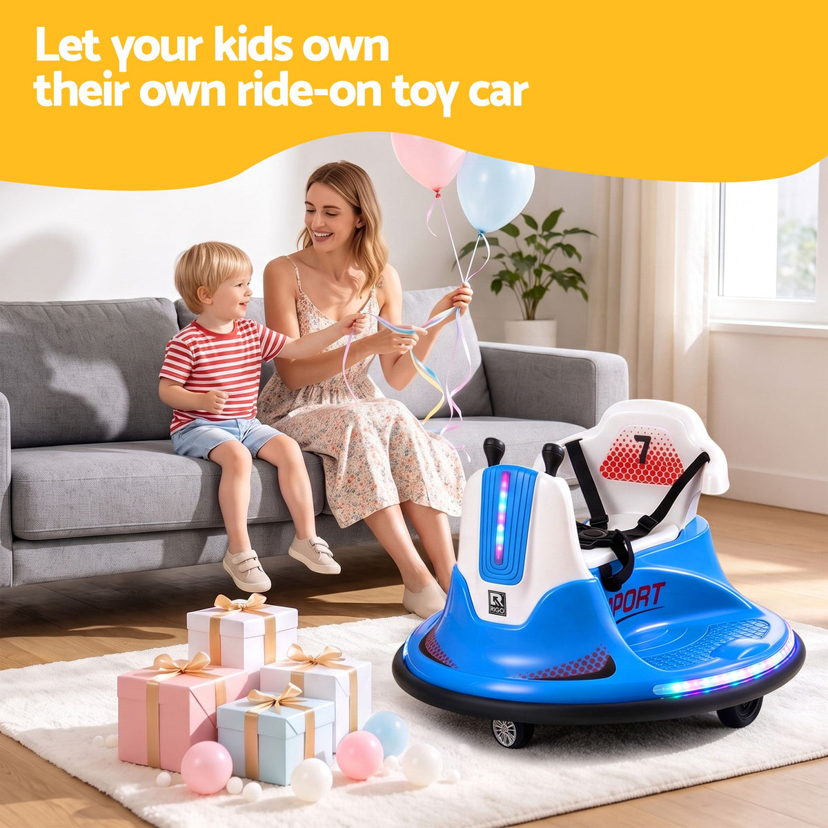 Blue Rigo ride-on car for kids with bumper, 12V electric toy, toddler remote control, designed for children’s outdoor play.