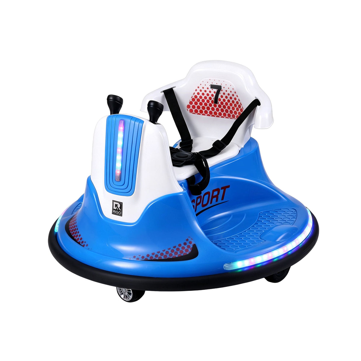 Blue Rigo ride-on car bumper toy for kids, 12V electric ride-on with remote control, suitable for toddlers.