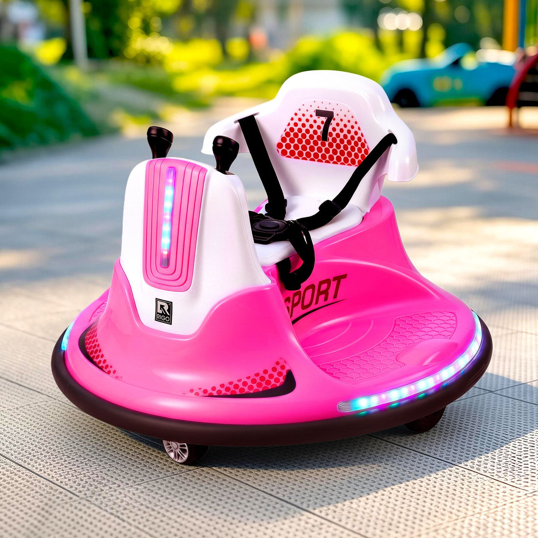 Pink Rigo ride-on car for kids with bumper and remote control, 12V battery, suitable for toddlers, by Everything Baby.