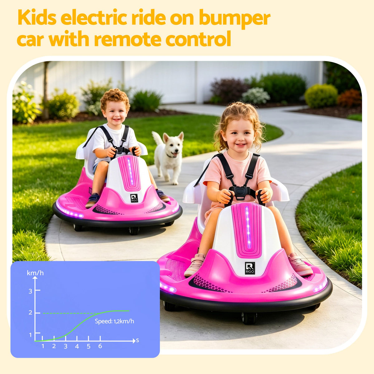Pink Rigo ride-on car for kids with bumper protection, 12V battery, remote control, suitable for toddlers, by Everything Baby.