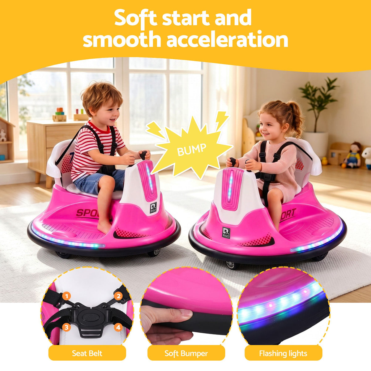 Pink Rigo Ride on Cars bumper toy for kids, 12V ride-on car with remote control, designed for toddlers by Everything Baby.