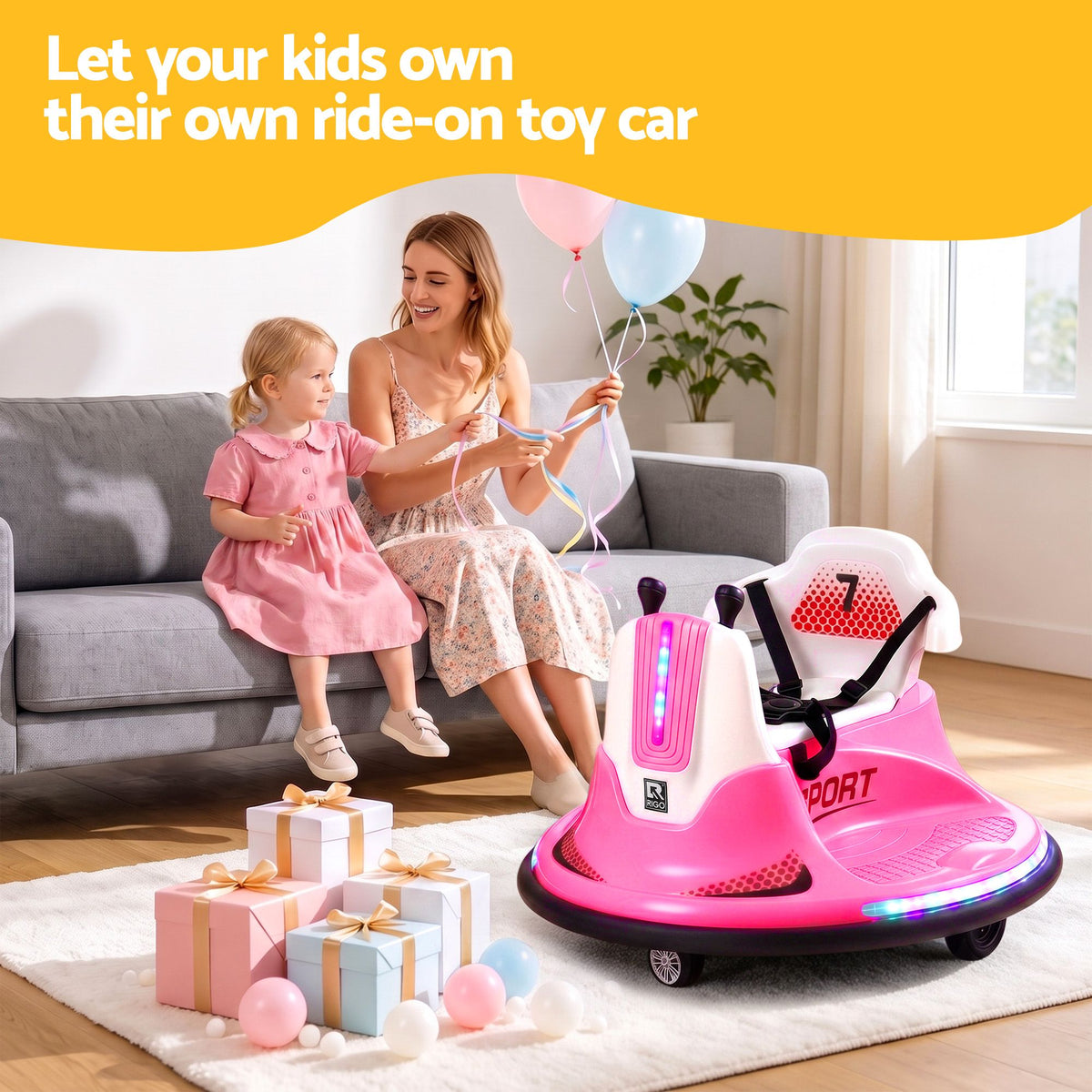 Pink Rigo Ride on Cars bumper toy for kids with remote control, 12V battery, suitable for toddlers, by Everything Baby.