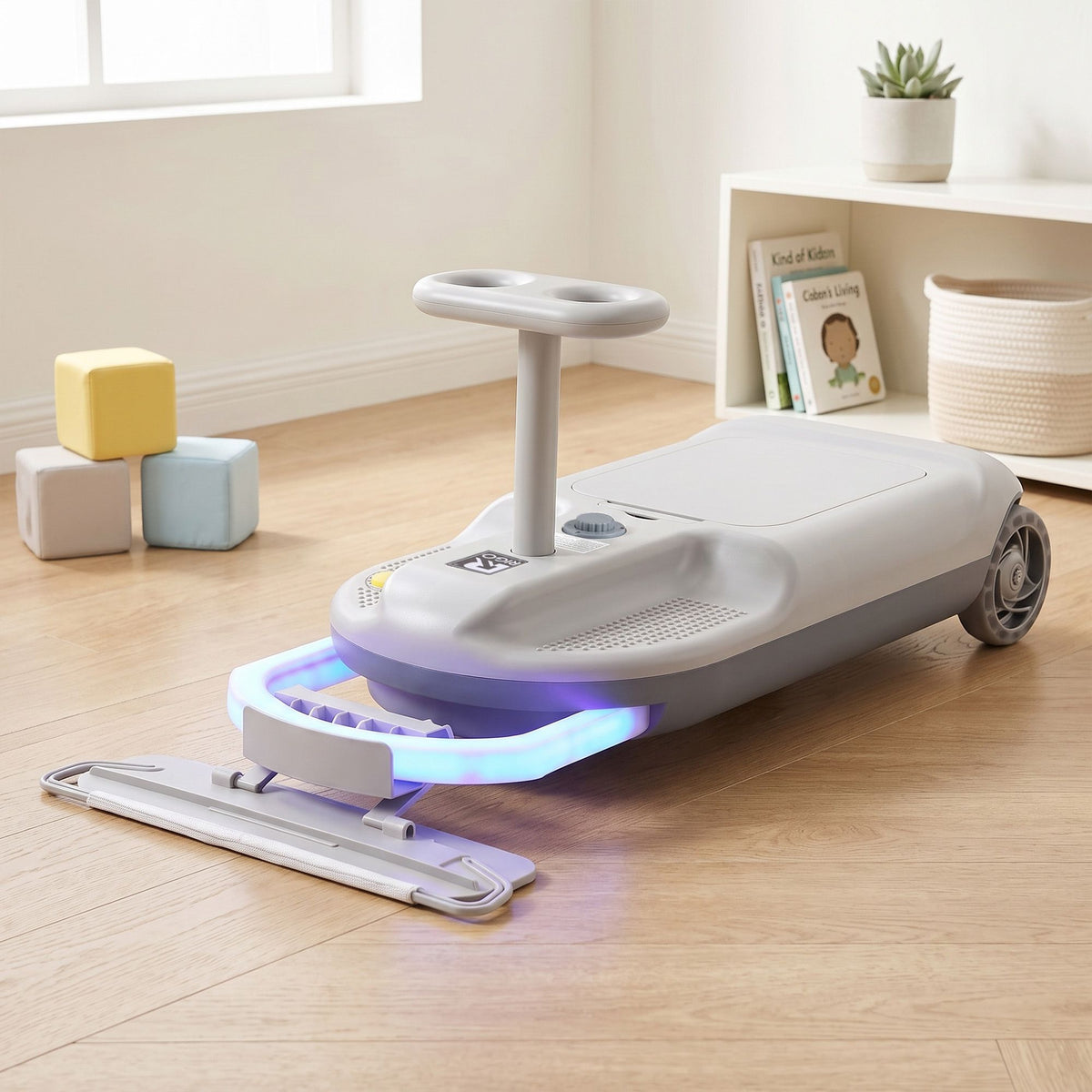 Grey Rigo ride-on car for kids with mop storage, 12V battery, 86cm length, from Everything Baby, designed for young children.