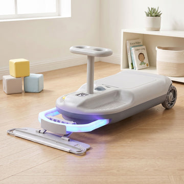 Grey Rigo ride-on car for kids with mop storage, 12V battery, 86cm length, from Everything Baby, designed for young children.