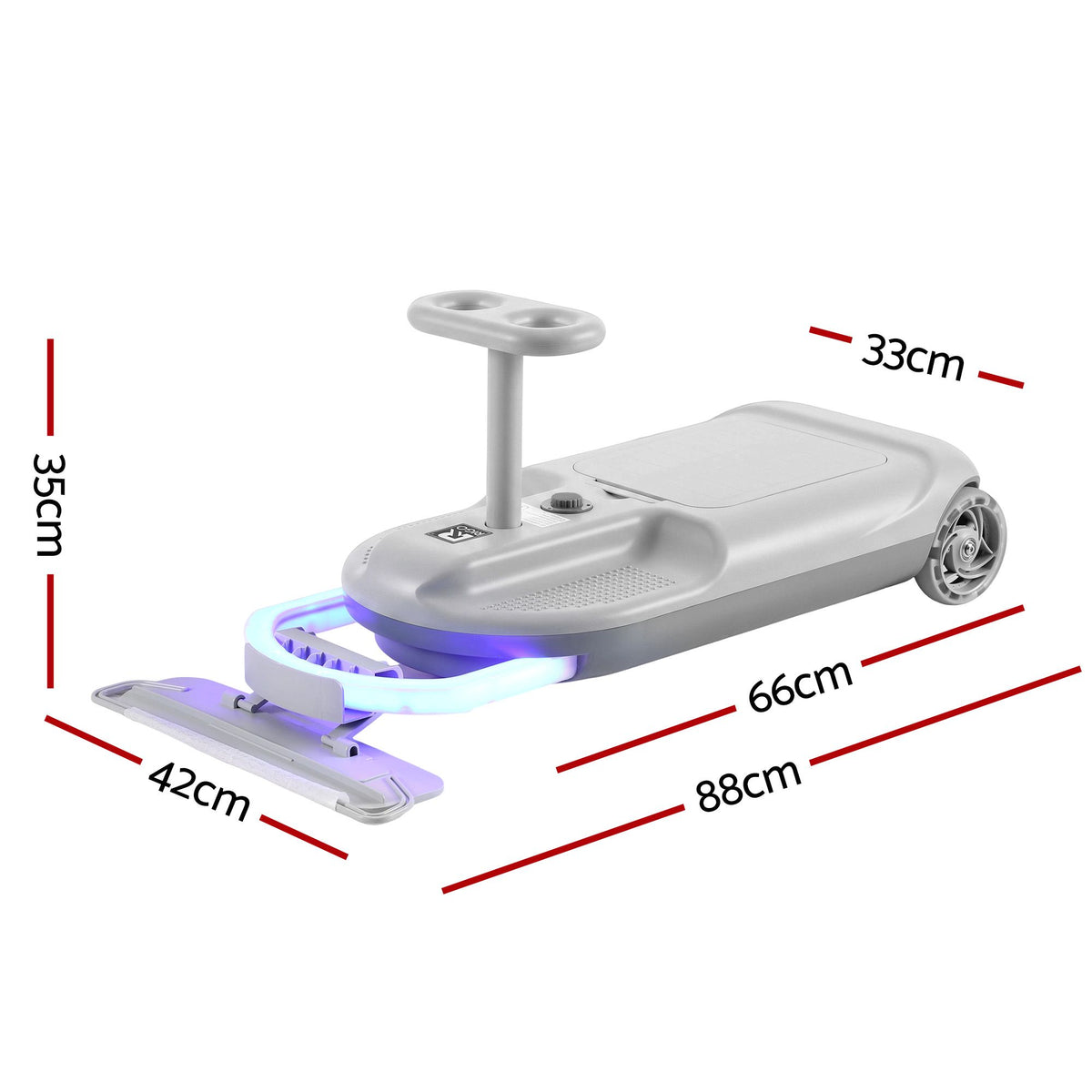 Grey Rigo Ride on Car for kids with mop storage, 12V battery, 86cm long, designed for children to enjoy clean car adventures.