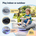 Grey Rigo ride-on car by Everything Baby with mop storage for kids, 12V battery, 86cm length, designed for fun and easy driving.