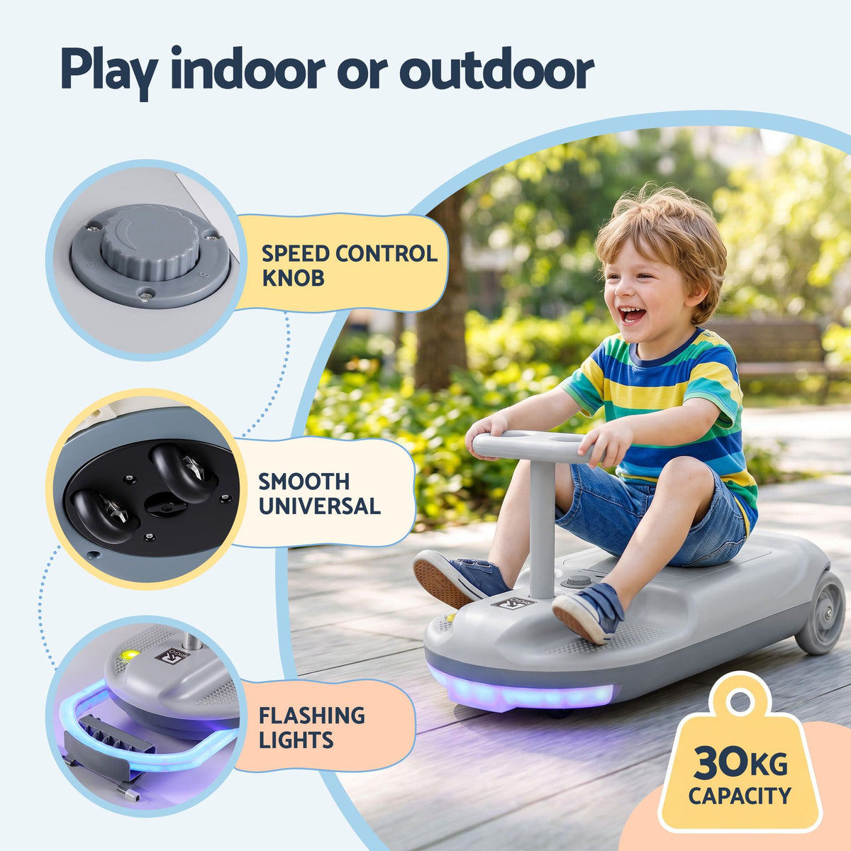 Grey Rigo ride-on car by Everything Baby with mop storage for kids, 12V battery, 86cm length, designed for fun and easy driving.