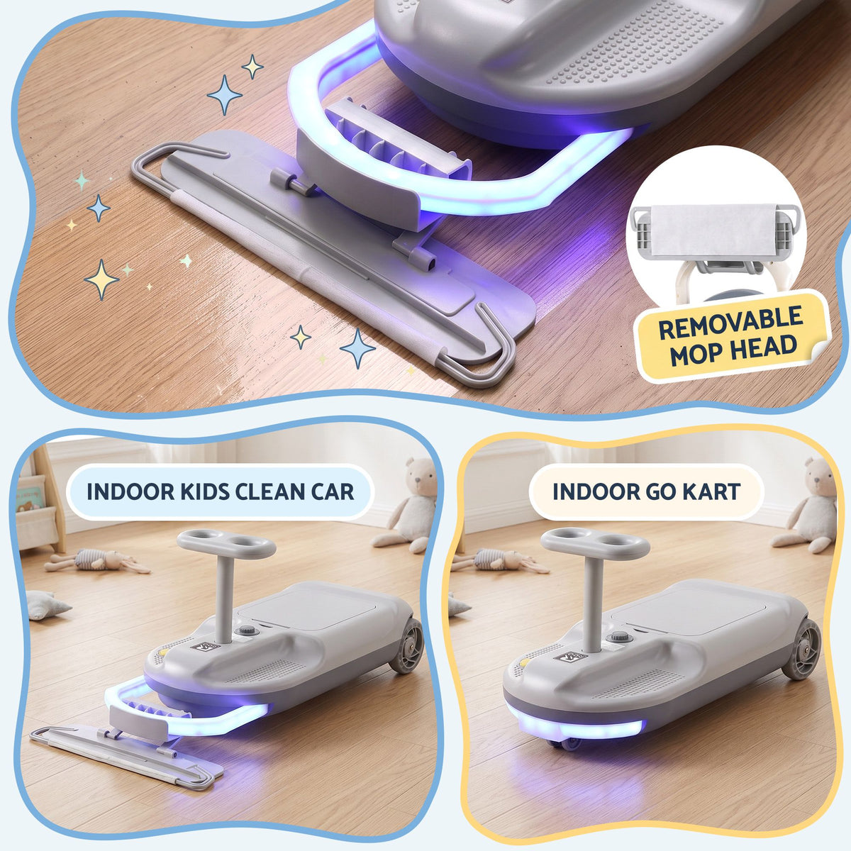 Grey Rigo ride-on car for kids with mop storage, 12V battery, 86cm length, featuring realistic design from Everything Baby.