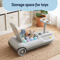 Grey Rigo ride-on car for kids with mop storage, 12V battery, 86cm length, by Everything Baby, designed for young children.
