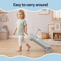 Gray Rigo ride-on car by Everything Baby with mop storage, 12V battery, suitable for kids, 86cm long, designed for fun and easy cleaning.