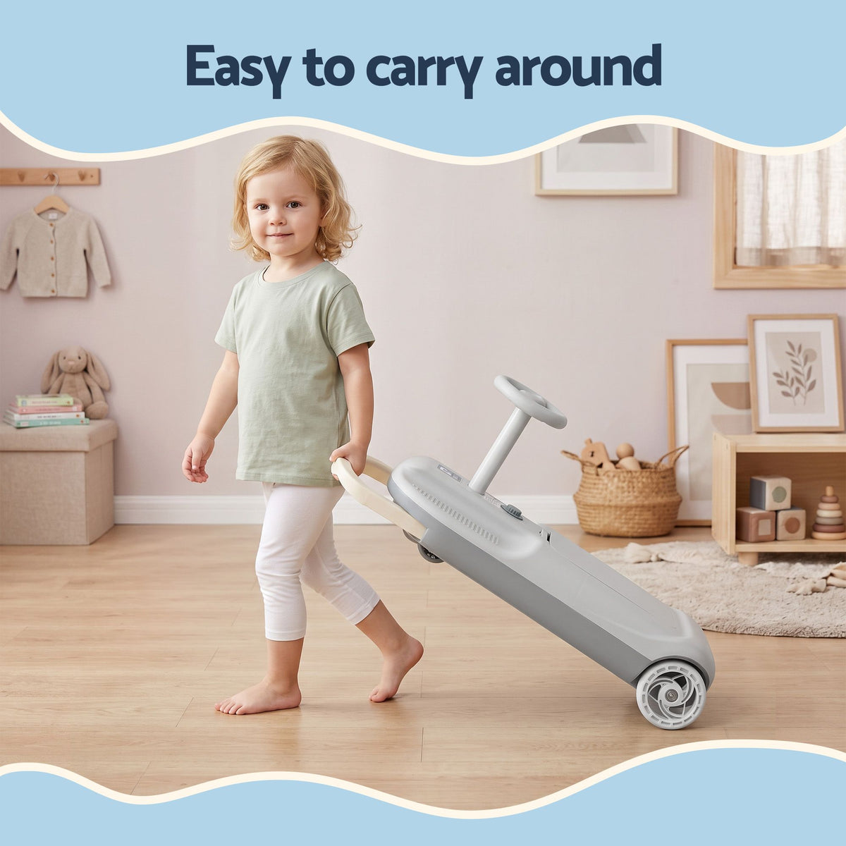 Gray Rigo ride-on car by Everything Baby with mop storage, 12V battery, suitable for kids, 86cm long, designed for fun and easy cleaning.