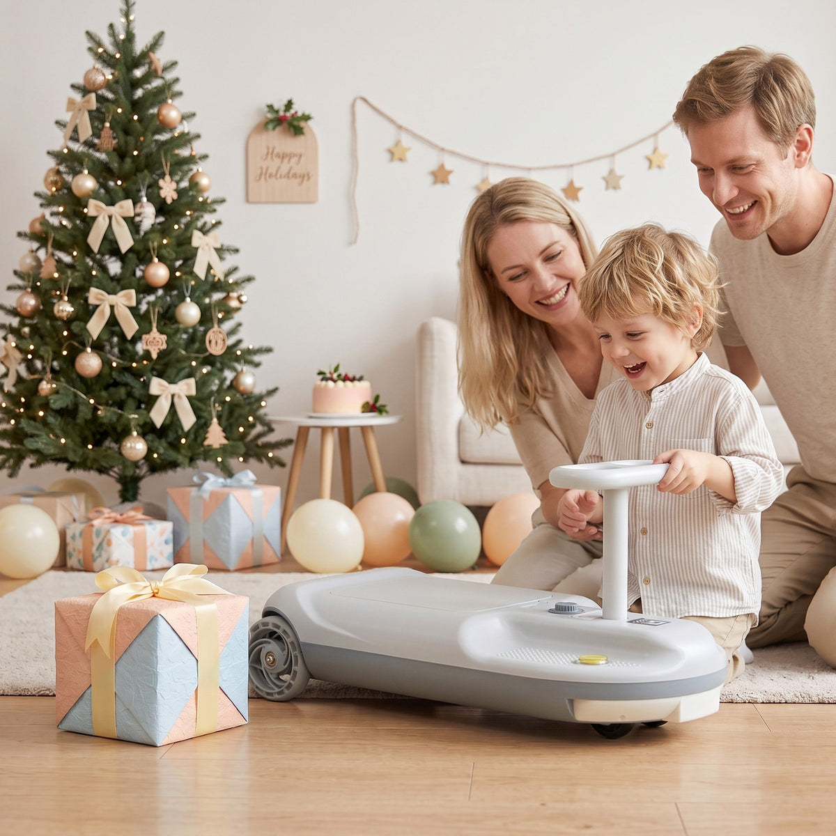 Grey Rigo ride-on car for kids with mop storage, 12V battery, suitable for young children, from Everything Baby.