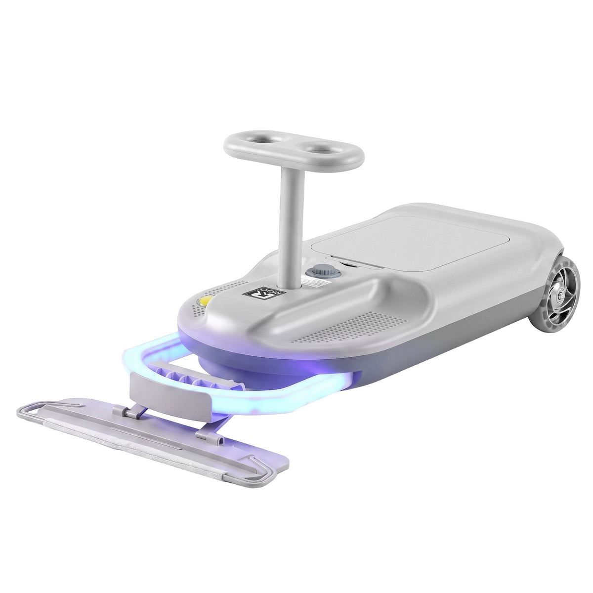 Grey Rigo ride-on car for kids with mop storage, 12V battery, 86cm length, by Everything Baby, designed for young children.