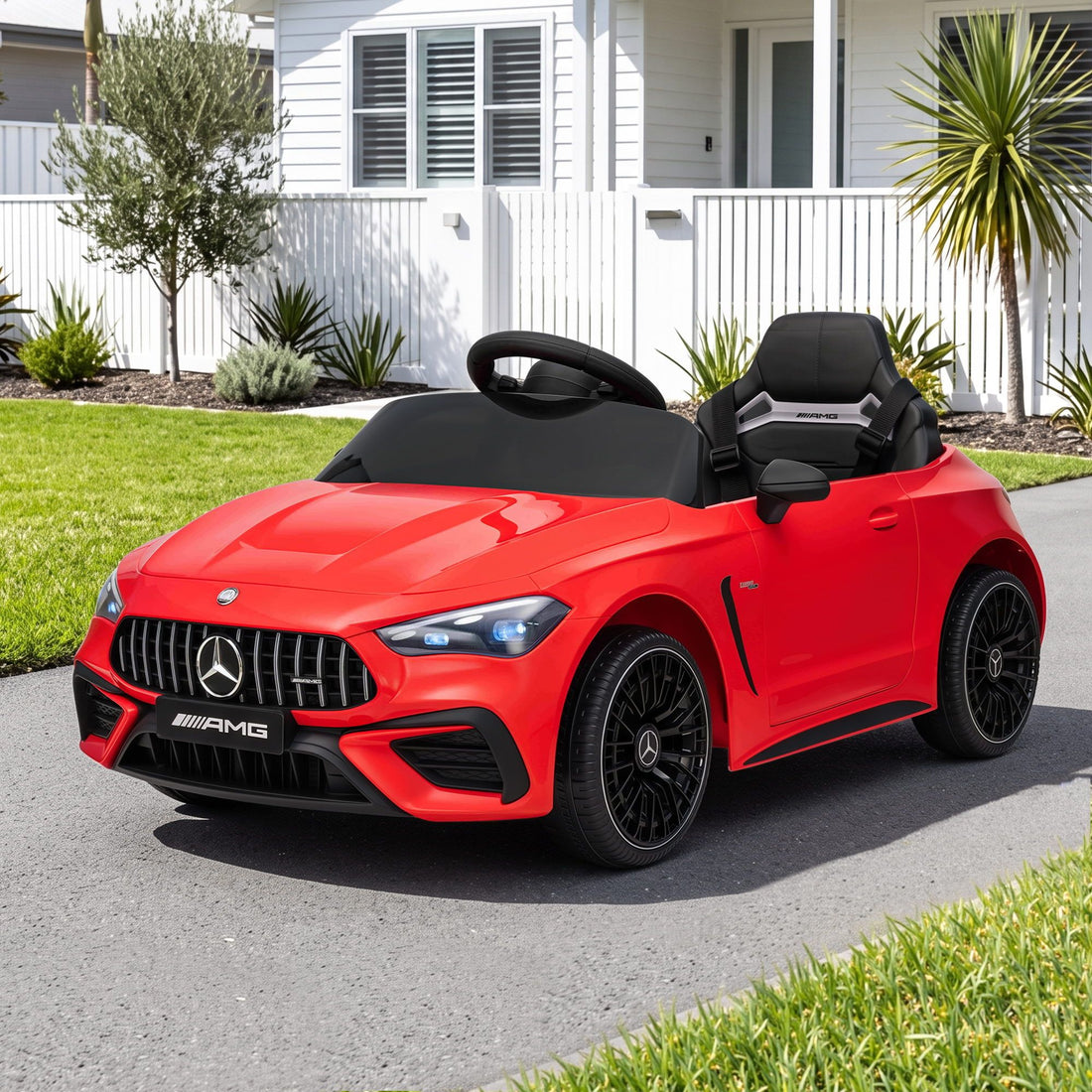 Red licensed Mercedes Benz AMG C63 kids electric ride-on car with music, 12V battery, suitable for children, by Everything Baby.