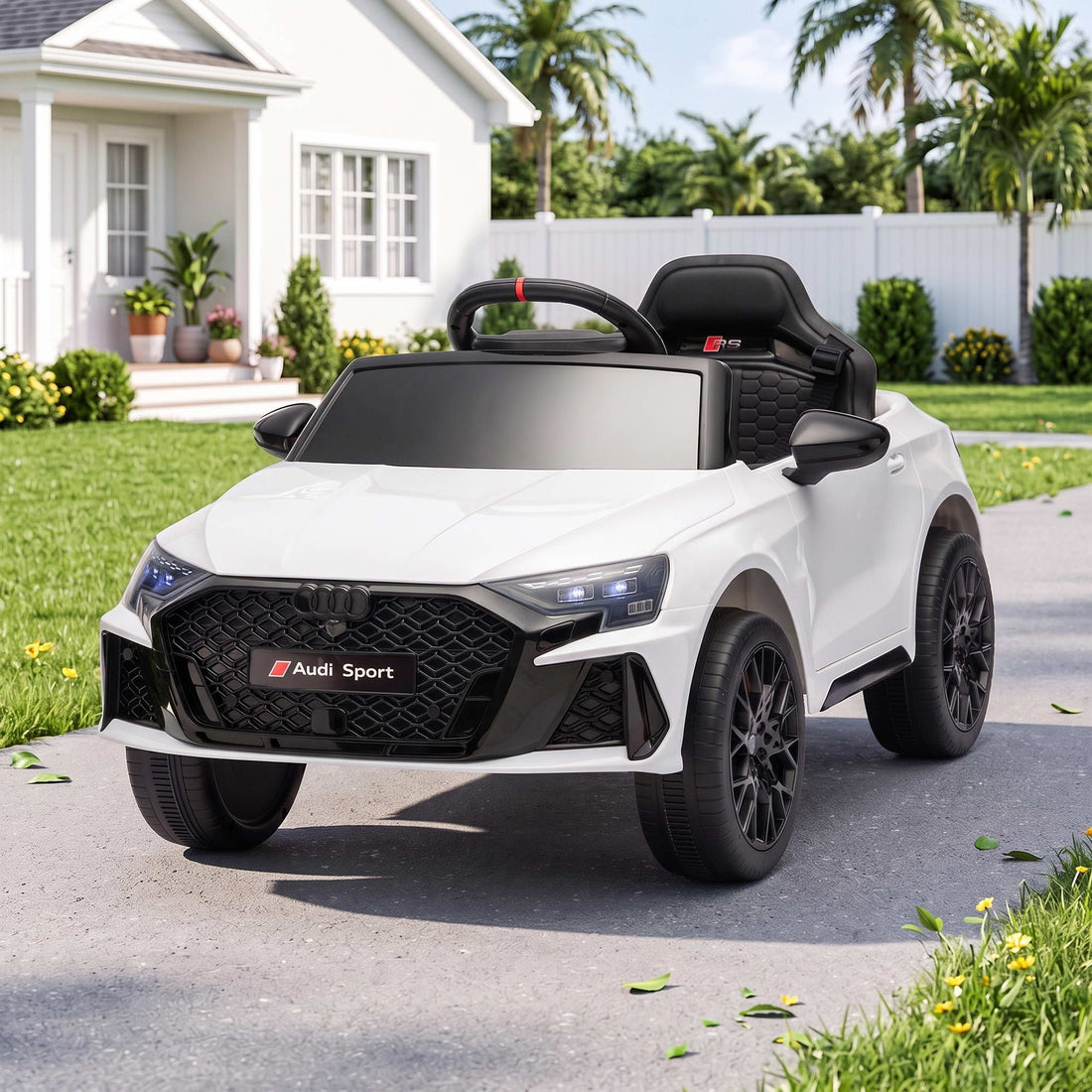 White licensed Audi RS3 ride-on car for kids with remote control, 12V battery, featuring realistic design by Everything Baby.