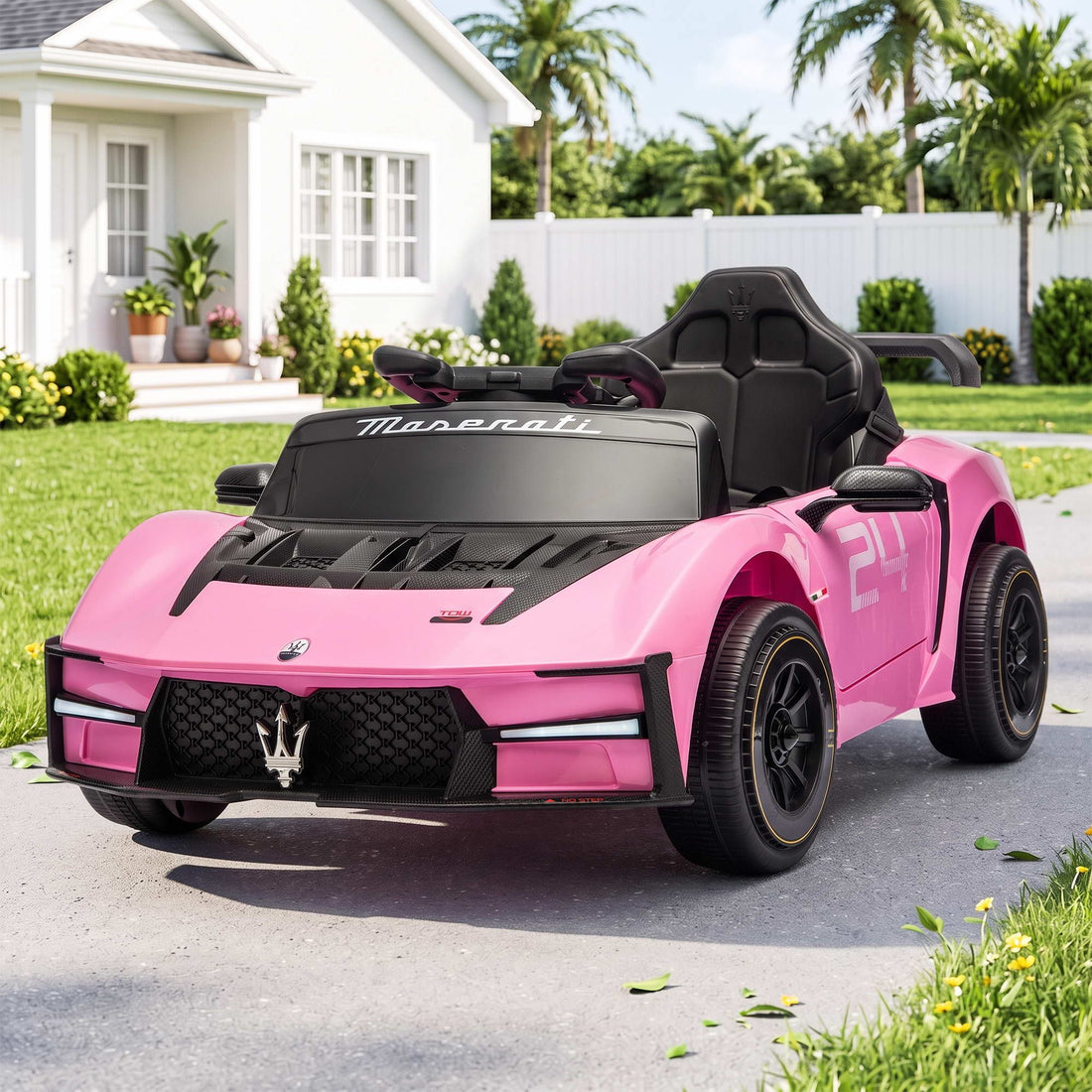 Pink Maserati Licensed MCXtrema Ride On Car for kids, featuring remote control and 12V battery from Everything Baby.