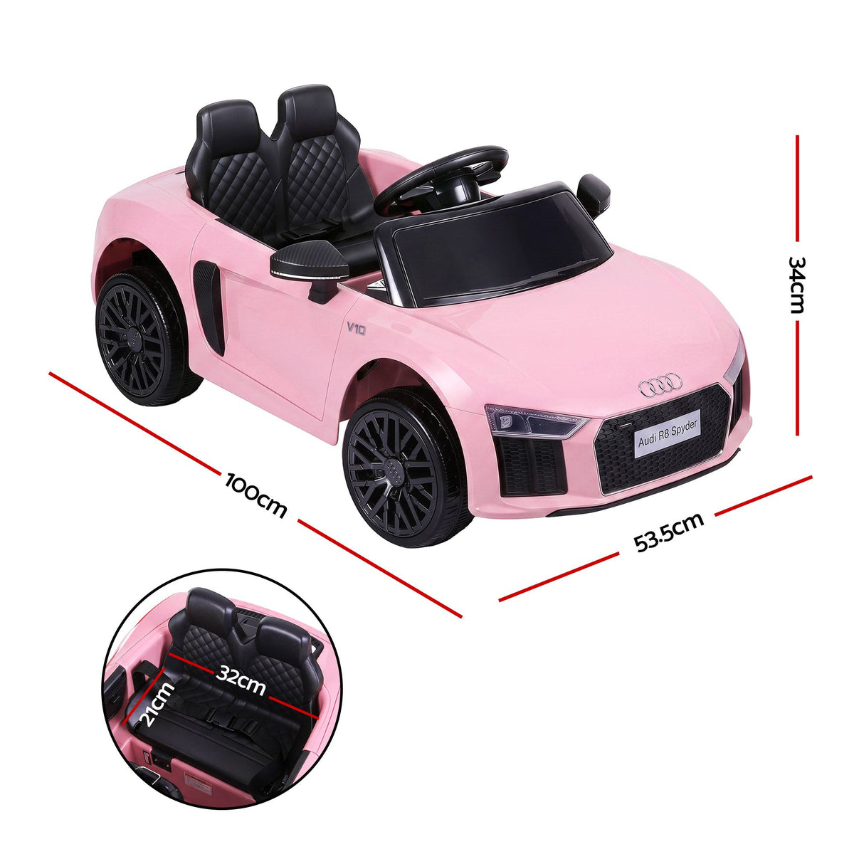 Pink Audi R8 ride-on car for kids, 12V electric battery-powered toy vehicle with realistic design and branding by Everything Baby.