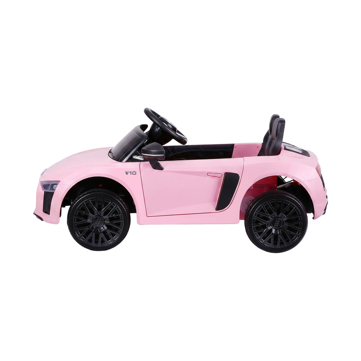 Pink licensed Audi R8 12V electric ride-on car for kids, featuring realistic design and battery-powered fun for children.