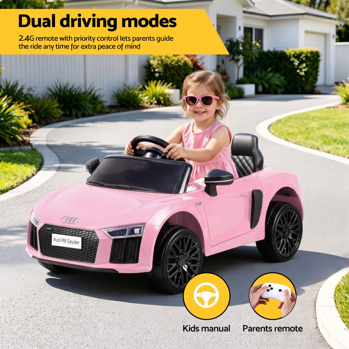 Pink licensed Audi R8 12V electric ride-on car for kids, featuring realistic details and compact design for young drivers.