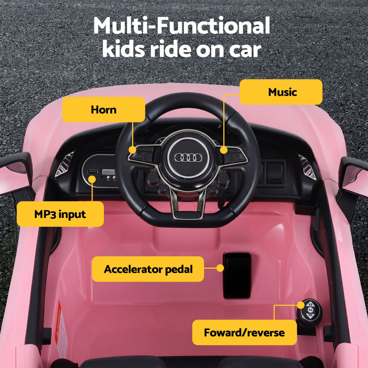 Pink licensed Audi R8 12V electric ride-on car for kids by Everything Baby, shown with open door and detailed interior.