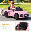 Pink Audi R8 12V electric ride-on car for kids by Everything Baby, featuring realistic design and safety features for young drivers.