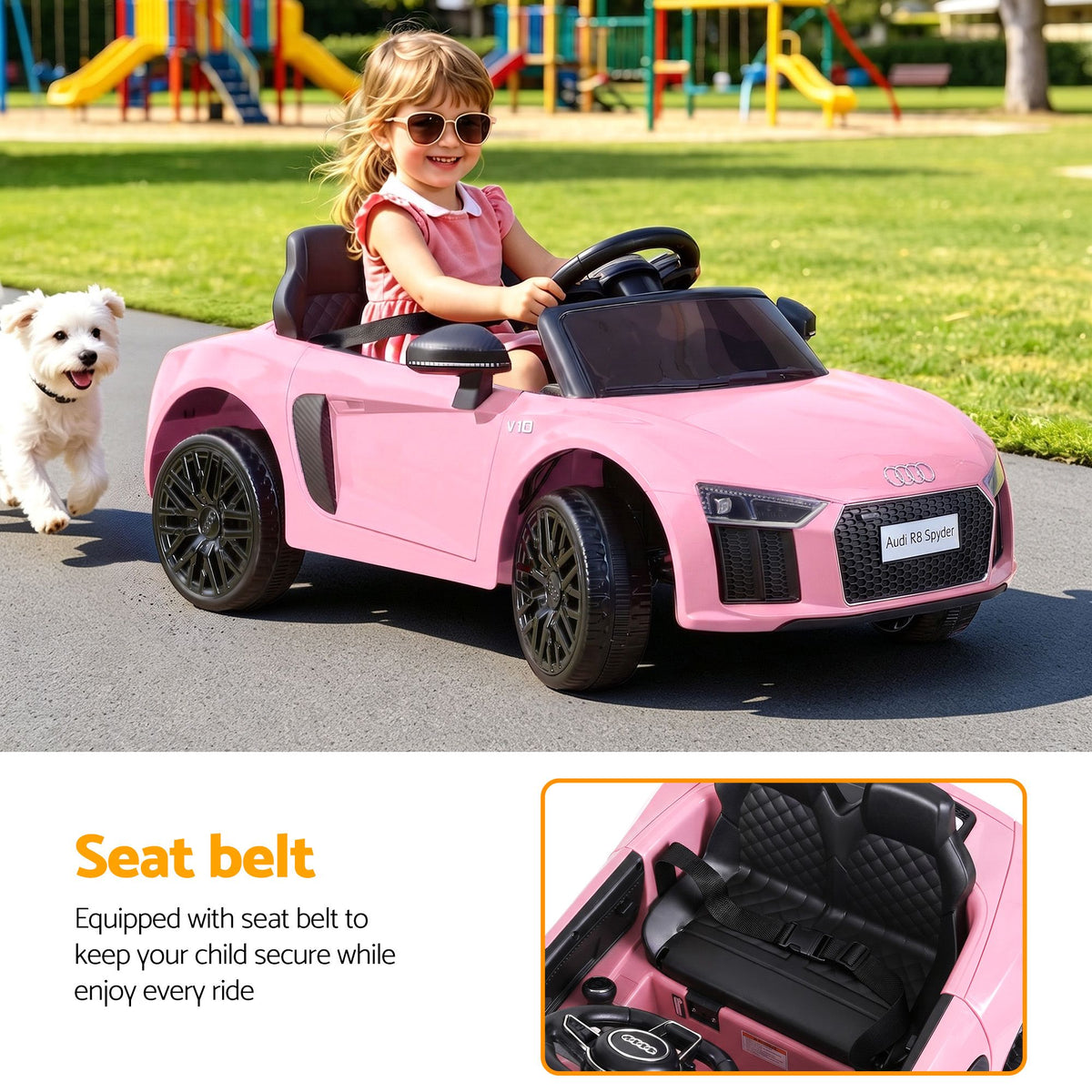 Pink Audi R8 12V electric ride-on car for kids by Everything Baby, featuring realistic design and safety features for young drivers.