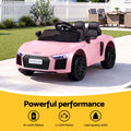 Pink licensed Audi R8 ride-on car for kids, 12V electric vehicle with realistic design by Everything Baby.