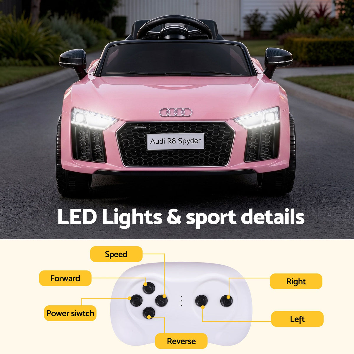 Pink Audi R8 12V electric ride-on car for kids, featuring realistic design and brand details, suitable for young children.