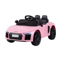 Pink licensed Audi R8 12V electric ride-on car for kids, featuring realistic design and battery-powered fun for young children.