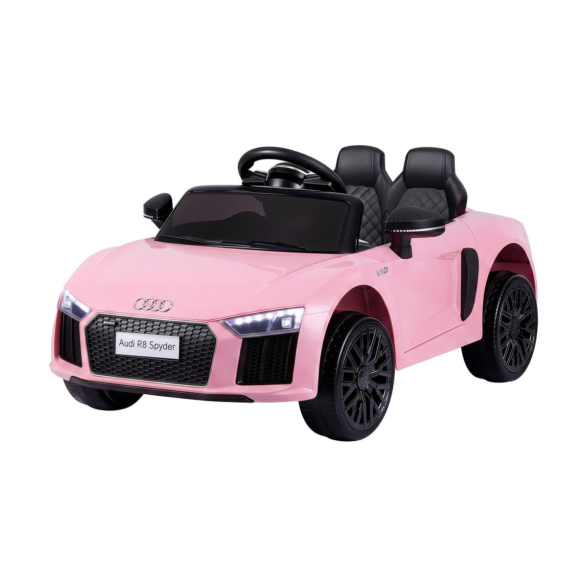 Pink licensed Audi R8 12V electric ride-on car for kids, featuring realistic design and battery-powered fun for young children.