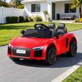Red licensed Audi R8 12V electric ride-on car for kids by Everything Baby, showing the detailed front view with steering wheel.