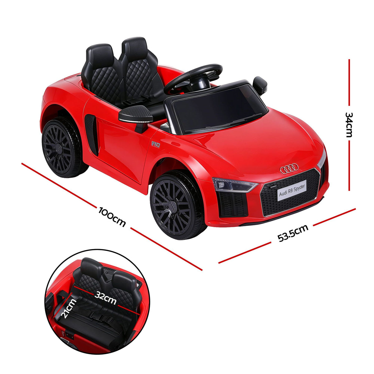 Red licensed Audi R8 12V electric ride-on car for kids, featuring realistic design and battery-powered fun for children.