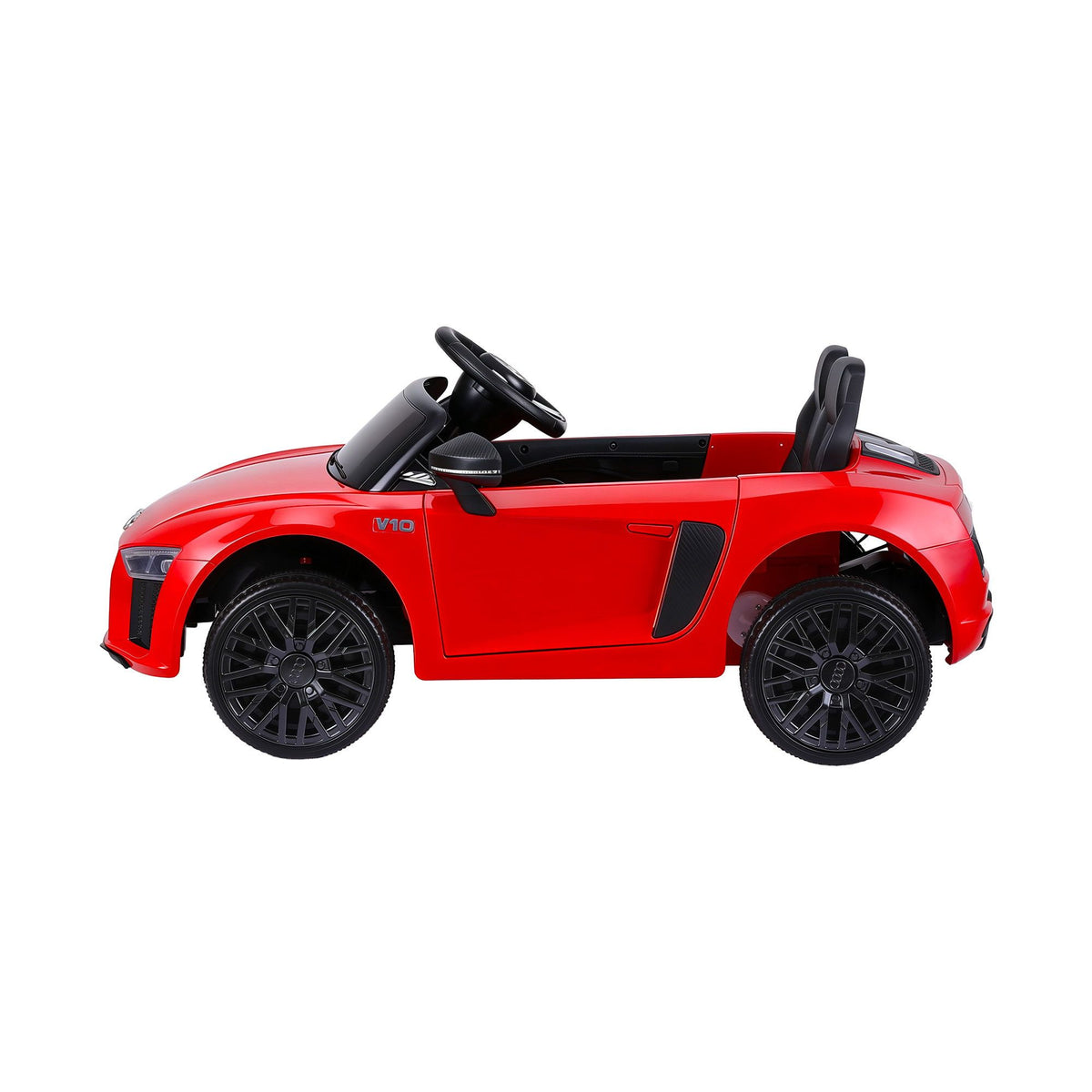 Red licensed Audi R8 12V electric ride-on car for kids with realistic design and safety features, suitable for young children.