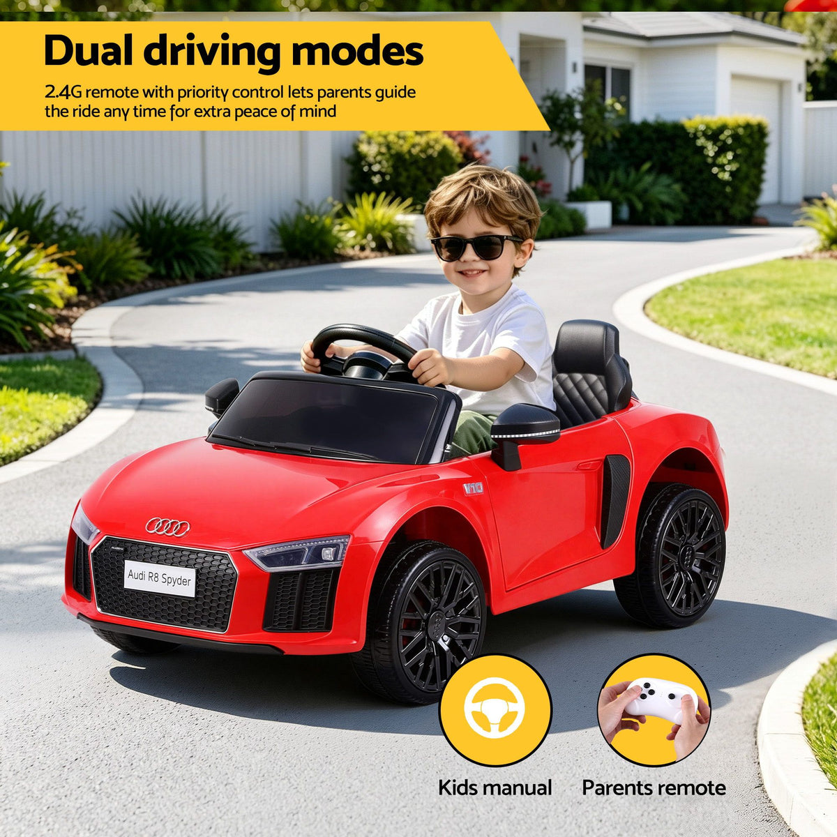 Red Audi R8 ride-on electric car for kids by Everything Baby, featuring realistic design and 12V battery for young drivers.