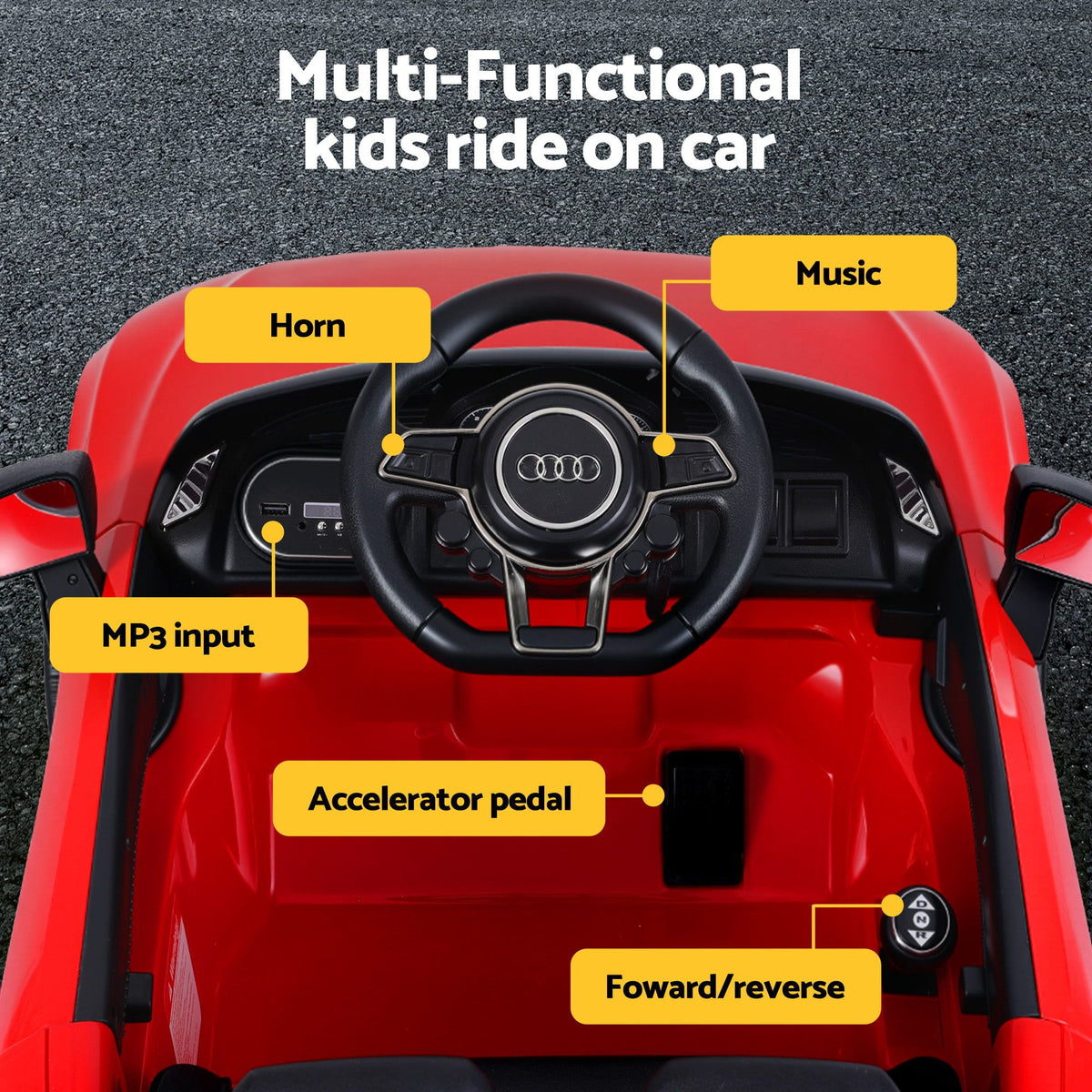 Red licensed Audi R8 12V electric ride-on car for kids with detailed exterior, designed for young children to drive safely.