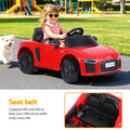 Red licensed Audi R8 12V electric ride-on car for kids, featuring realistic design and safety features.
