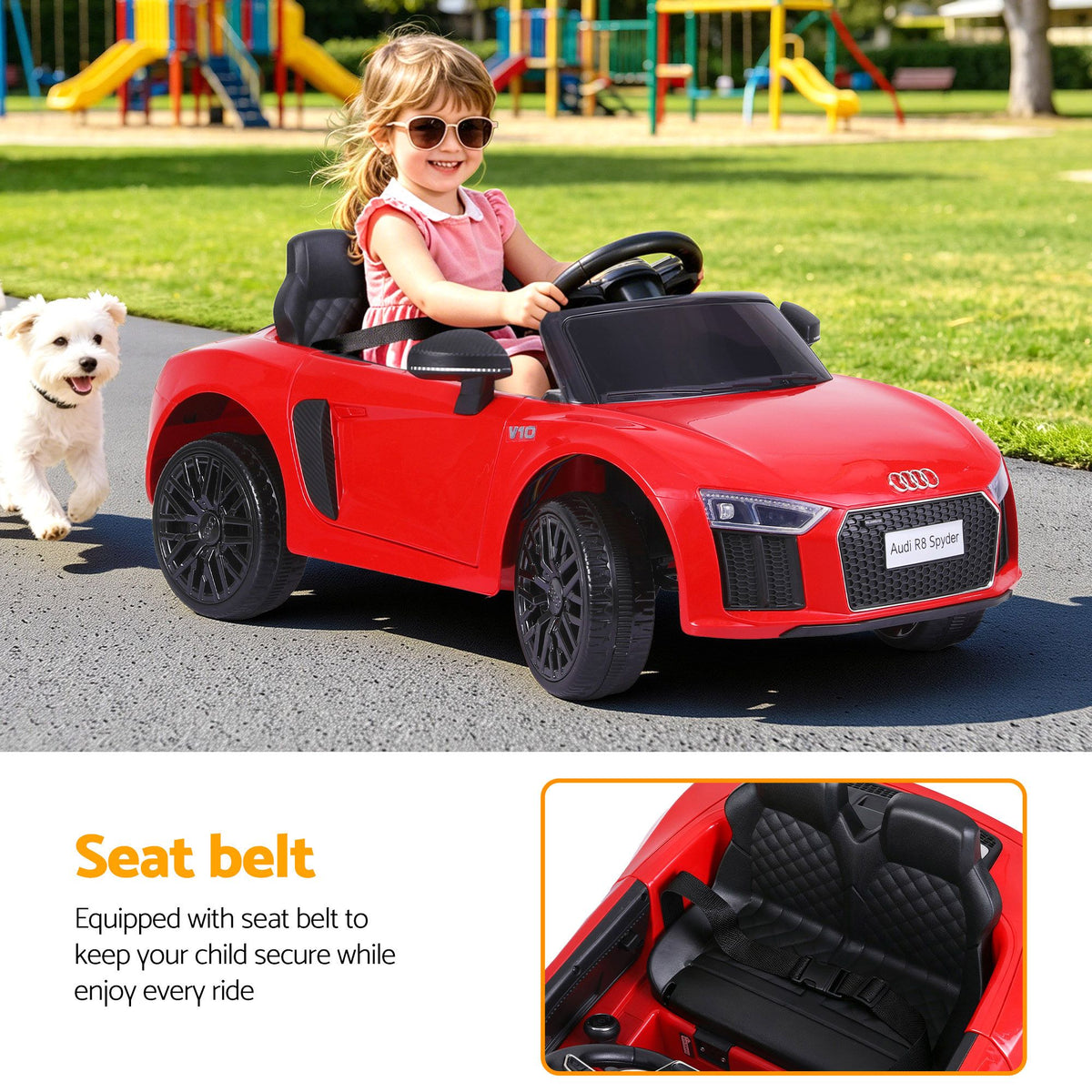 Red licensed Audi R8 12V electric ride-on car for kids, featuring realistic design and safety features.