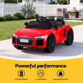 Red licensed Audi R8 12V electric ride-on car for kids, featuring realistic design and safety features, by Everything Baby.
